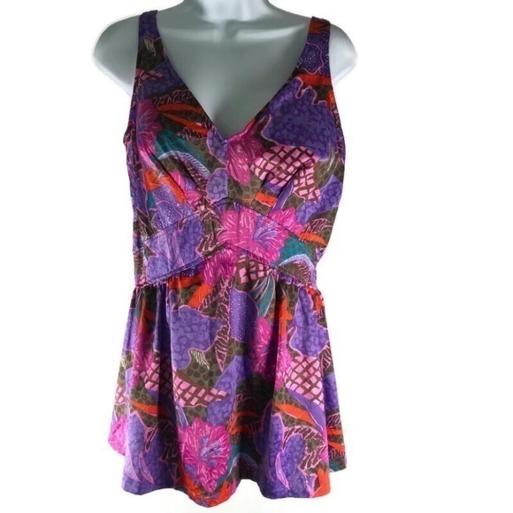 Vintage Janzen Bright Multi-Color Swimsuit has harder pointy cups